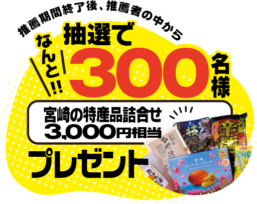 [なんと!!]推薦期間終了後、推薦者の中から抽選で300名様に宮崎の特産品詰合せ3,000円相当プレゼント